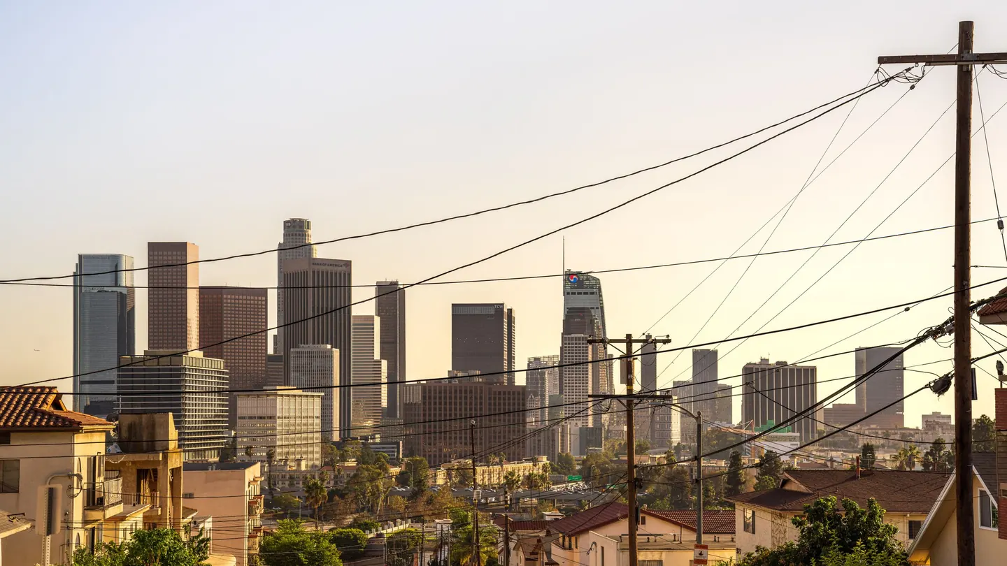 The downtown Los Angeles skyline in warm late afternoon light