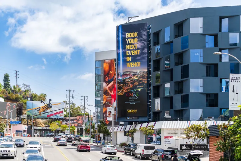 Billboards and traffic along Sunset Boulevard in West Hollywood