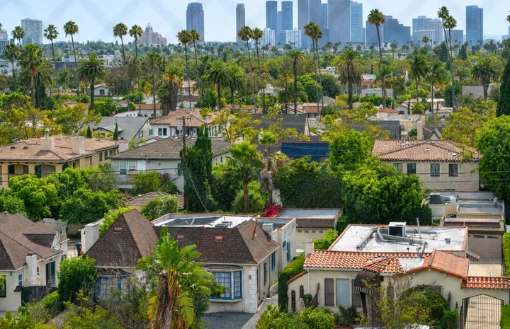 The view from the studio's windows over Beverly Hills: palm trees, rooftops and the towers on the horizon